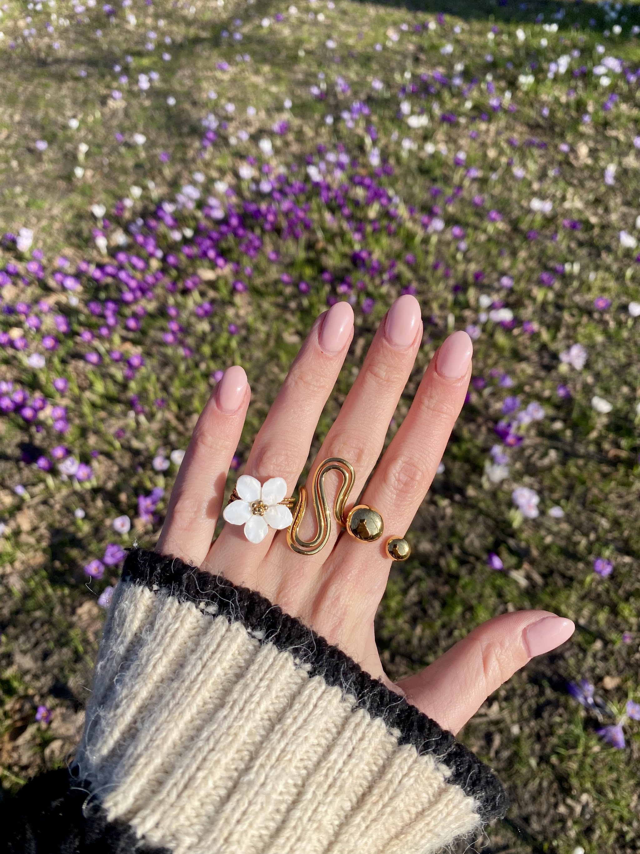 Lichtroze nagels boven een grasveld met krokussen